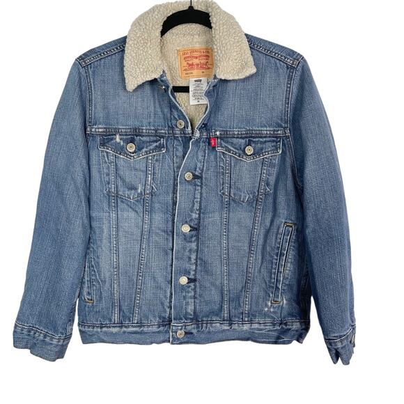 Levis Womens M Blue Sherpa Denim Trucker Jean Jacket Cream Cotton Button Front - Picture 1 of 9